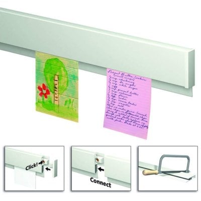 Image of an ArtiTeq Info Rail displaying a child’s drawing and a handwritten note. Includes close-ups of the easy installation and connection process. Available at Hang Logic.
