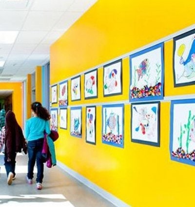 Info rails installed in a school corridor