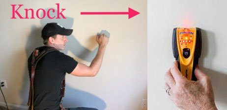 how-to-find-studs-hang-logic Man using a stud finder or knocking on wall