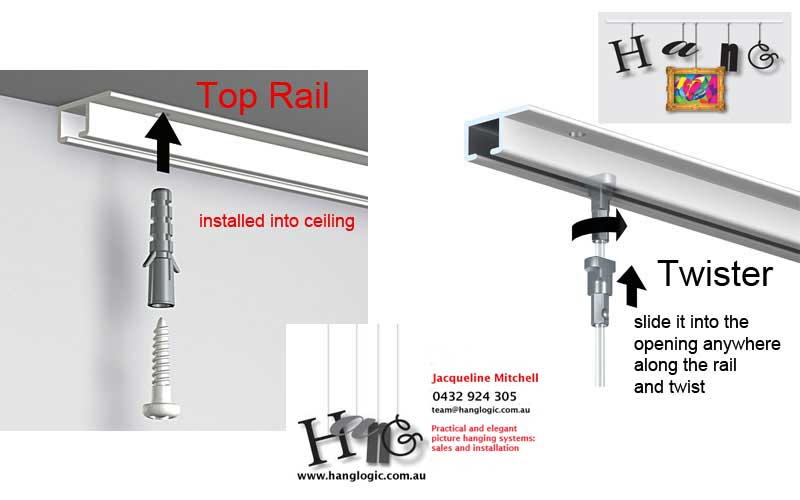 Diagram that illustrates how to install and use the Artiteq Top Rail