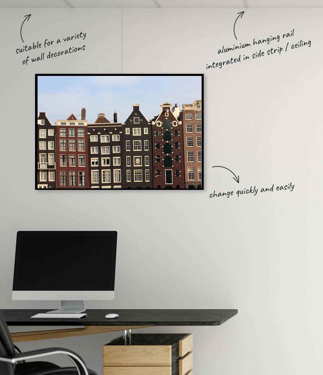 Built-in picture hanging system- the Artiteq Art Strip picture hanging rail