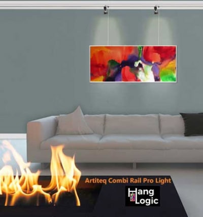 Artiteq Combi Rail Pro Light showcasing a colorful painting above a sofa, available at Hang Logic