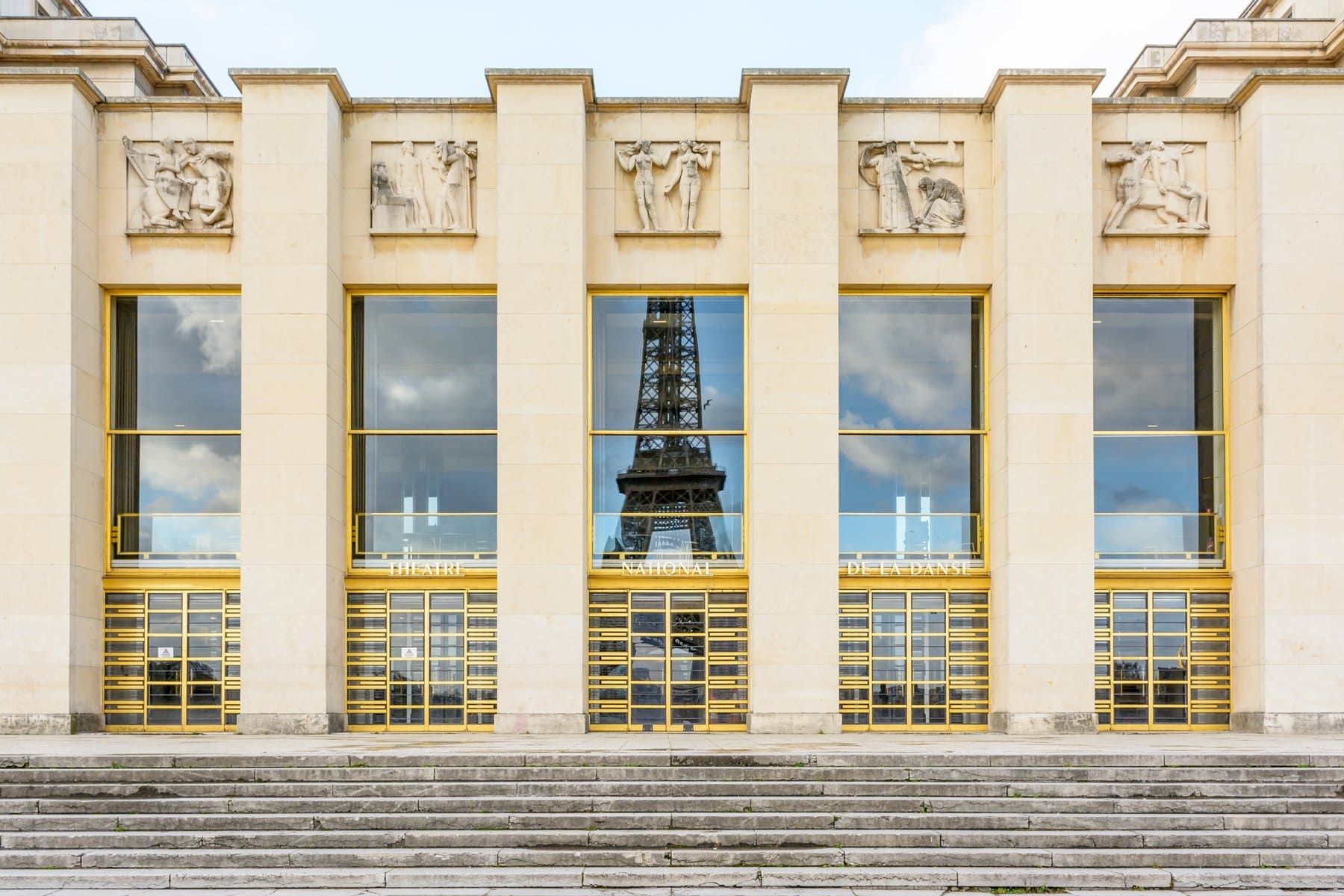 Front view of the Art Deco style facade of the Grand Foyer of the Theatre National de Chaillot, located in the Chaillot palace, opposite the Eiffel tower